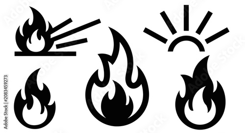 Photography A collection of fire icons and a sun symbol depicted in black on a white background with flames and rays emanating