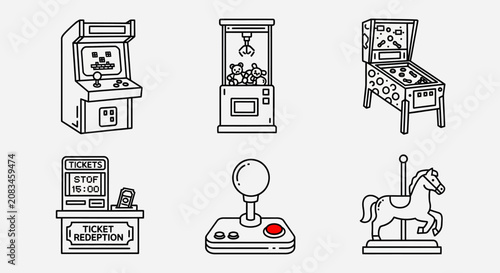 Fotografie A collection of six arcade game illustrations including a pinball machine and cl
