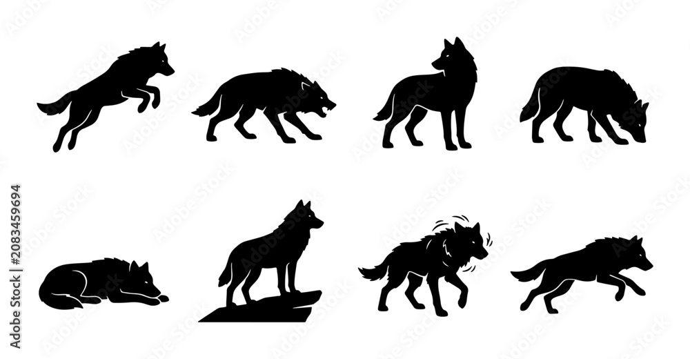 Obraz premium Wolf Silhouette Collection, Wild Animal Vector Icons, Nature Wildlife Graphics, Predator Poses Set