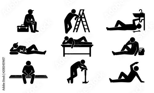 Photos Stick Figure Icons: Resting, Waiting, and Tired Workers, Tools, Ladder, Sink, Se