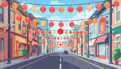 Картината върху платно A vibrant street scene adorned with numerous red and orange Chinese lanterns strung across the road, celebrating a cultural festival under a clear blue sky