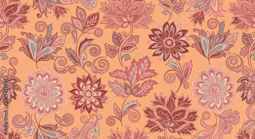 Fotografia Vibrant floral patterns unfold on a warm orange background with pink and blue fl