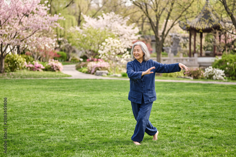 Fototapeta premium Senior Asian Woman Practicing Tai Chi in Cherry Blossom Garden