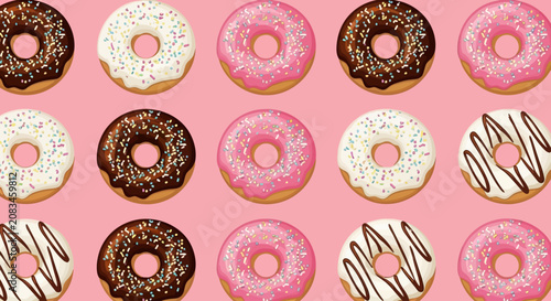Φωτογραφία A delicious assortment of donuts with various toppings arranged on a pink backgr