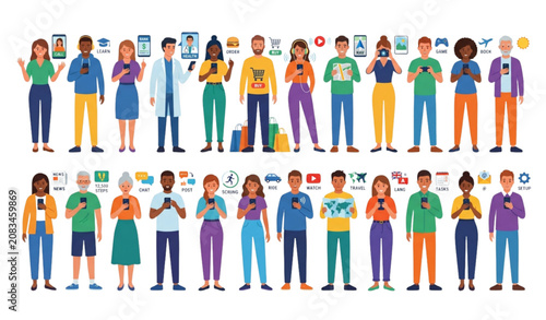 Happy Multicultural People with Smartphones Using Digital Apps Flat Vector Banner