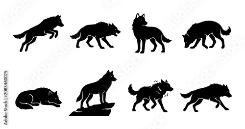 Konstfotografi Diverse Wolf Silhouettes Vector Pack, Wild Canine Animal Poses, Nature Wildlife