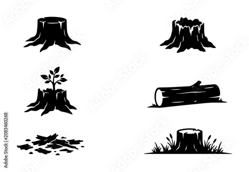 Tableau sur toile Tree Stump Icons, Forest Remnants, Wood Log Vector Set, Nature Elements, Logging