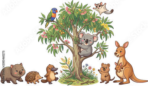 Photos Cute cartoon Australian animals kangaroo koala wombat platypus quokka echidna un