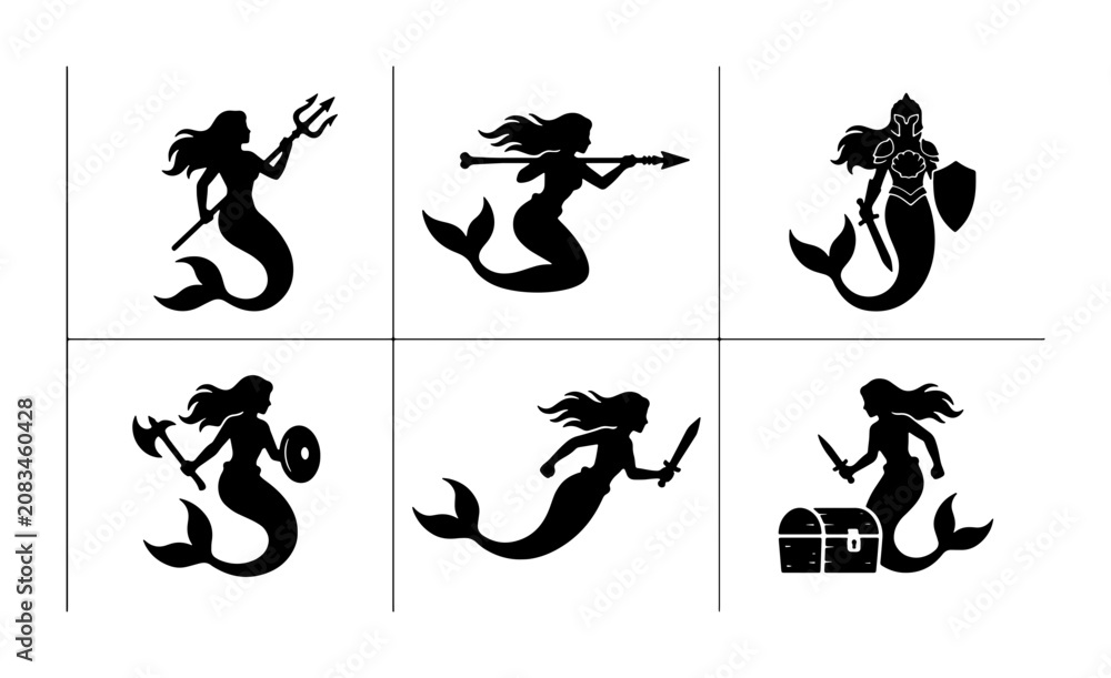 Obraz premium Mythical Mermaid Silhouettes Collection, Fantasy Sea Creatures Vector Icons, Warrior Sirens and Treasure Chest Graphics, Enchanting Underwater Characters Set