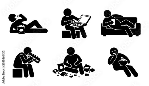 Bild auf Leinwand Sedentary Lifestyle Icons: Stick Figures Depicting Unhealthy Habits, Couch Potat