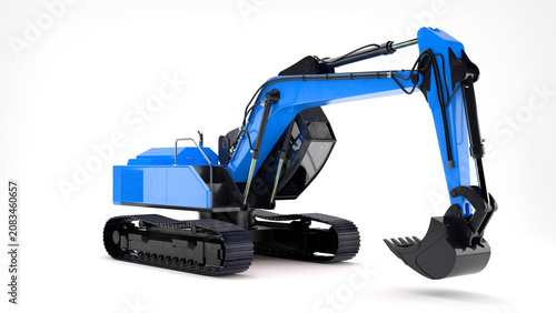 Fotografie Blue tracked excavator loader heavy duty construction equipment, three-quarter v