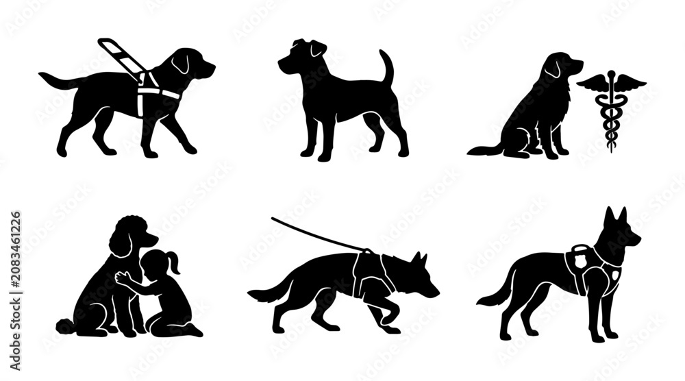Fototapeta premium Dog Icons Set: Assistance, Companion, and Service Animals, Vector Silhouettes for Pet Care and Veterinary Graphics