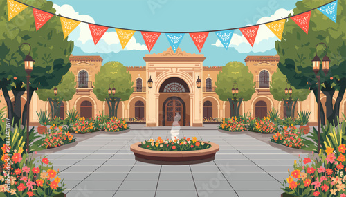 Tableau sur toile A vibrant courtyard with a fountain and colorful papel picado banners, set against a grand building with trees and abundant flowers