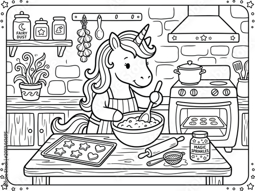 Принти на полотні Cute unicorn baking star shaped cookies in magical kitchen scene coloring page for kids