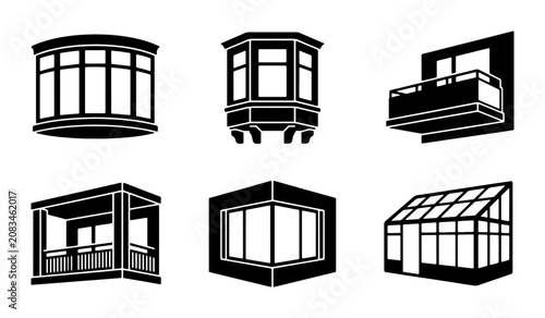 Architectural Window and Balcony Icons Set, Modern Building Elements, Exterior Facade Design Vector Graphics