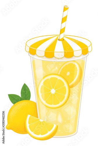 Refreshing Yellow Lemonade Cup With Lemon Slices Mint Leaves And Striped Straw On Transparent Background