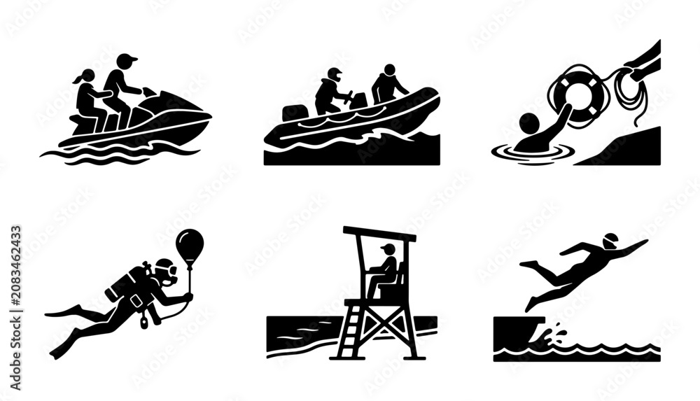 Obraz premium Water Sports and Recreation Icons: Jet Ski, Speedboat, Lifeguard, Scuba Diver, Swimming, Diving, Safety Symbols, Vector Set