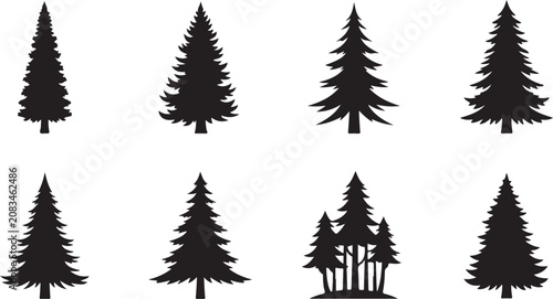 Bild auf Leinwand Pine tree silhouettes, forest icons, tree set, black trees