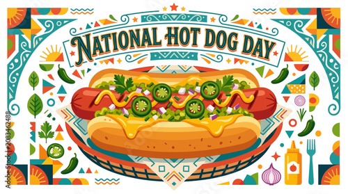 Celebrate National Hot Dog Day with a delicious gourmet hot dog topped with jalapenos and onions, set against a vibrant