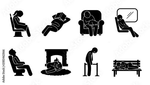 Foto Resting Stick Figures Collection, Relaxing People Icons, Sleep and Downtime Vect