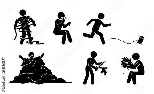 Photos Stick Figure Icons: Frustration, Struggle, and Chaos with Thread and Fabric, Vec