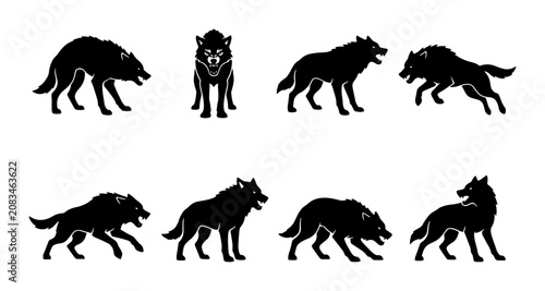 Fotografie Wolf Silhouettes Vector Pack, Canine Animal Poses Collection, Wild Mammal Icons