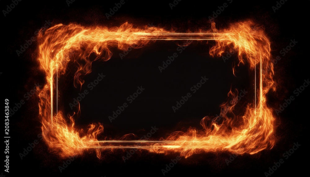 Fototapeta premium rectangle frame made of fire flames burning on black background with copy space for text overlay
