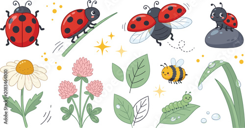 Cute Cartoon Ladybug and Garden Insect Vector Element Set with Flowers, Honeybee, Caterpillar, Leaves, and Dew Drops for Kids Graphic Designs