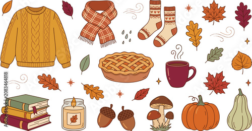 Cozy Autumn Vector Element Set with Pumpkin, Sweater, Scarf, Pie, Books, and Maple Leaves for Thanksgiving and Fall Season Designs