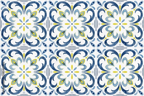 Floral tile pattern design featuring intricate blue, yellow, and white motifs arranged in a symmetrical layout suitable for backgrounds and decorative applications