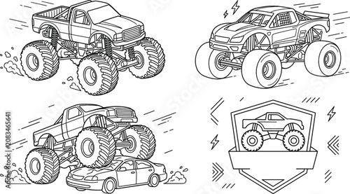Foto Monster truck vector illustration set featuring extreme motorsport vehicles crus