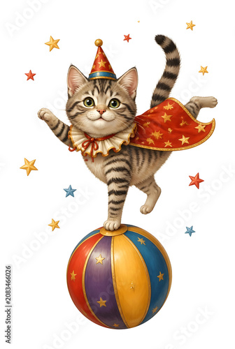 Whimsical Tabby Cat Circus Performer Balancing On Colorful Ball With Star Cape And Party Hat