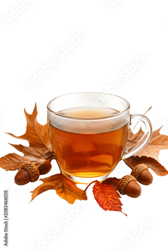 Warm Amber Tea In Glass Cup With Autumn Leaves Acorns And Pinecone Isolated On Transparent Background
