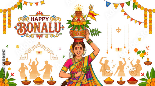 Happy Bonalu festival celebration with a woman carrying a pot on her head and people dancing in the background