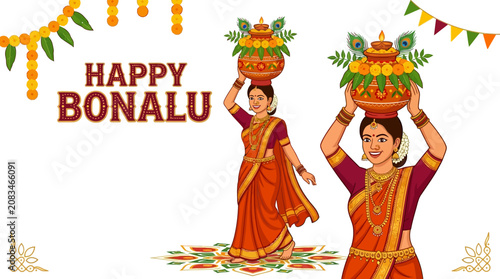 Happy Bonalu festival celebration with women carrying decorated pots on their heads in traditional attire