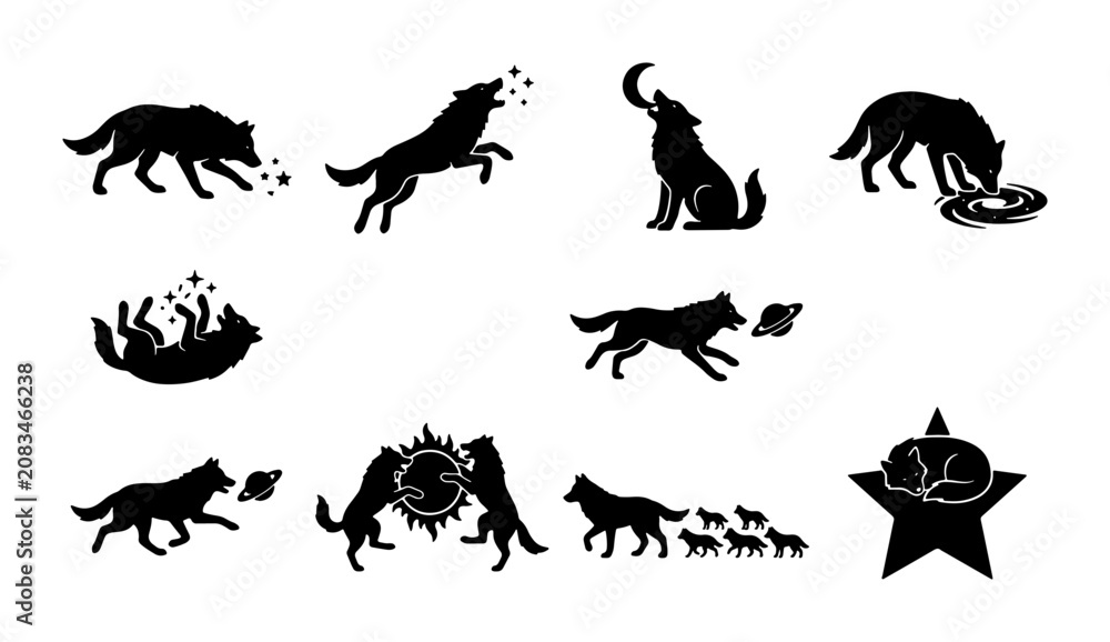 Obraz premium Wolf Silhouette Vector Icons Set, Wild Animal Poses Collection, Canine Spirit Graphics, Nature Wildlife Symbols, Black and White Design Elements