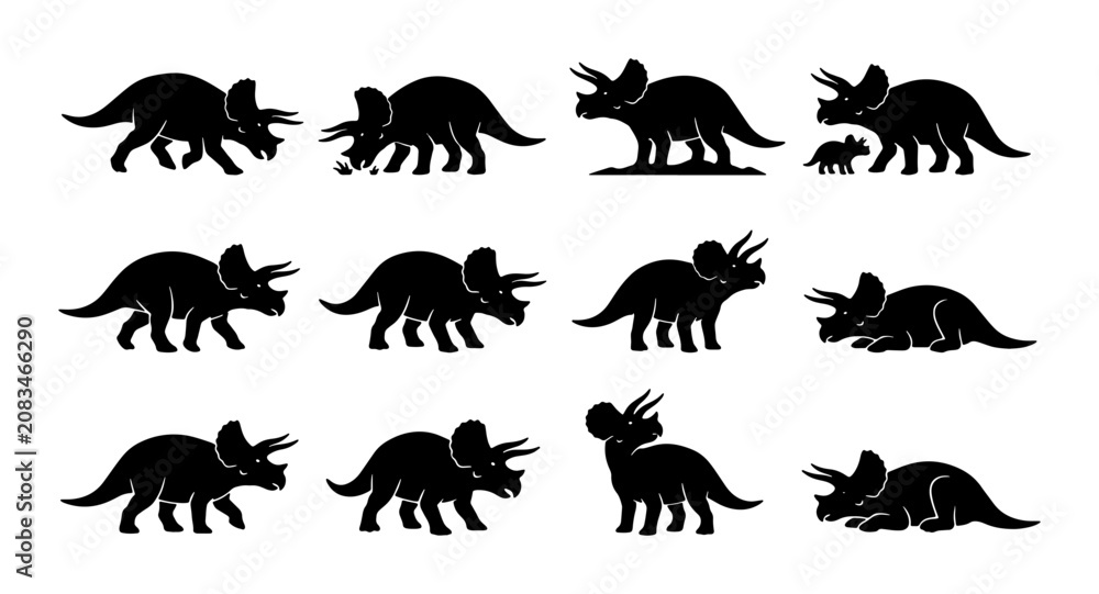 Obraz premium Triceratops Dinosaur Silhouettes, Prehistoric Reptile Icons, Ancient Creature Vector Set, Black and White Fossil Collection