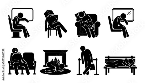 Bild auf Leinwand Vector Icons: Exhausted Stick Figures in Various Poses, Depicting Fatigue and Bo