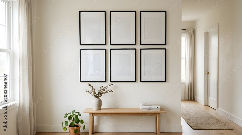 Fototapeta premium Gallery wall arrangement of six empty frames on a neutral wall with natural light streaming in from a window and a soft green plant on a wooden bench creating an inviting space