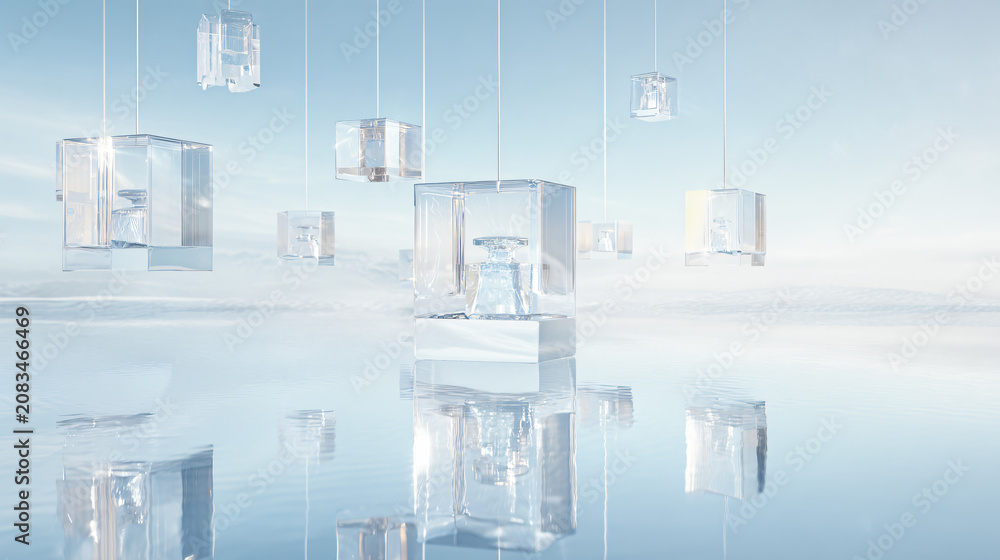 Fototapeta premium masterpiece floating crystal glass podium suspended above mirror-still water, transparent architectural blocks, realistic refraction, glowing white horizon, luxury perfume campaign