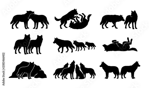 Canvastavla Wolf Pack Silhouette Collection, Wild Animal Family Group Poses, Nature Wildlife