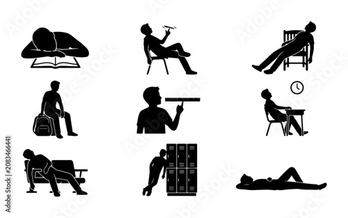 Canvastavla Nine Silhouette Icons of People Resting, Sleeping, and Relaxing in Various Poses
