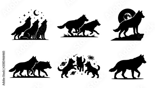 Fotografie Wolf Pack Silhouette Collection, Wild Canine Animal Graphics, Nocturnal Hunter V