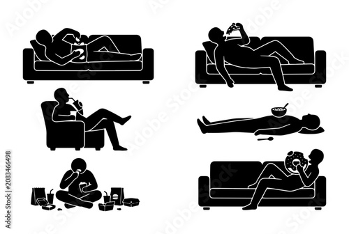 Photos Lazy Lifestyle Stick Figures, Relaxing Couch Poses, Unhealthy Habits Vector Icon