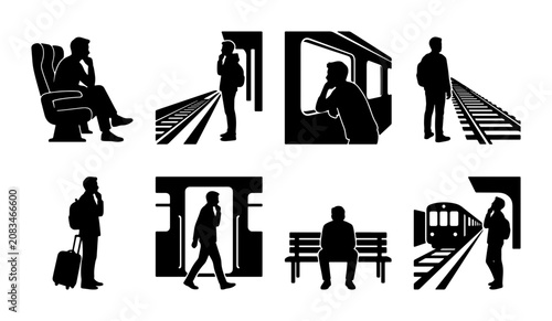Commuter Silhouettes: People Waiting for Train, Subway Passengers, Urban Travel Icons, Public Transport Journey Vector Set