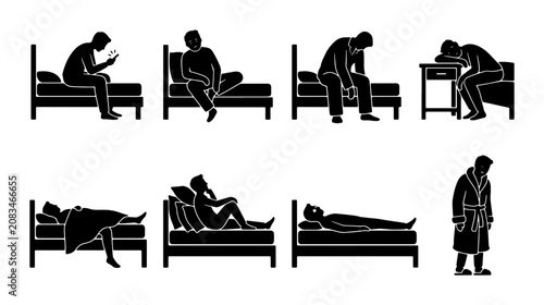 Tableau sur toile Sadness and Loneliness Icon Set, Melancholy Mood Figures in Bed, Depression and