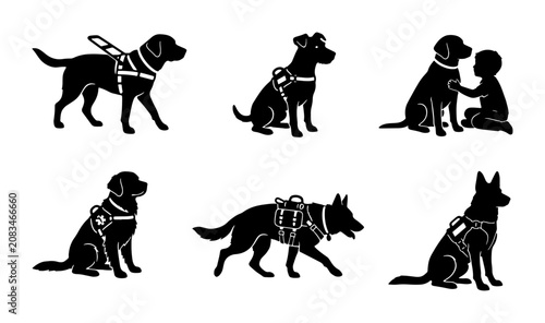 Schilderij op canvas Service Dog Icons Set, Assistance Animal Silhouettes, Working Dog Vector Graphic