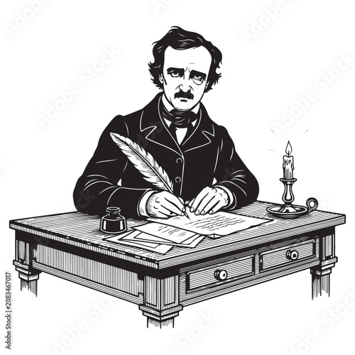 Canvas Print Edgar Allan Poe woodcut illustration of the author writing at a desk with a quil