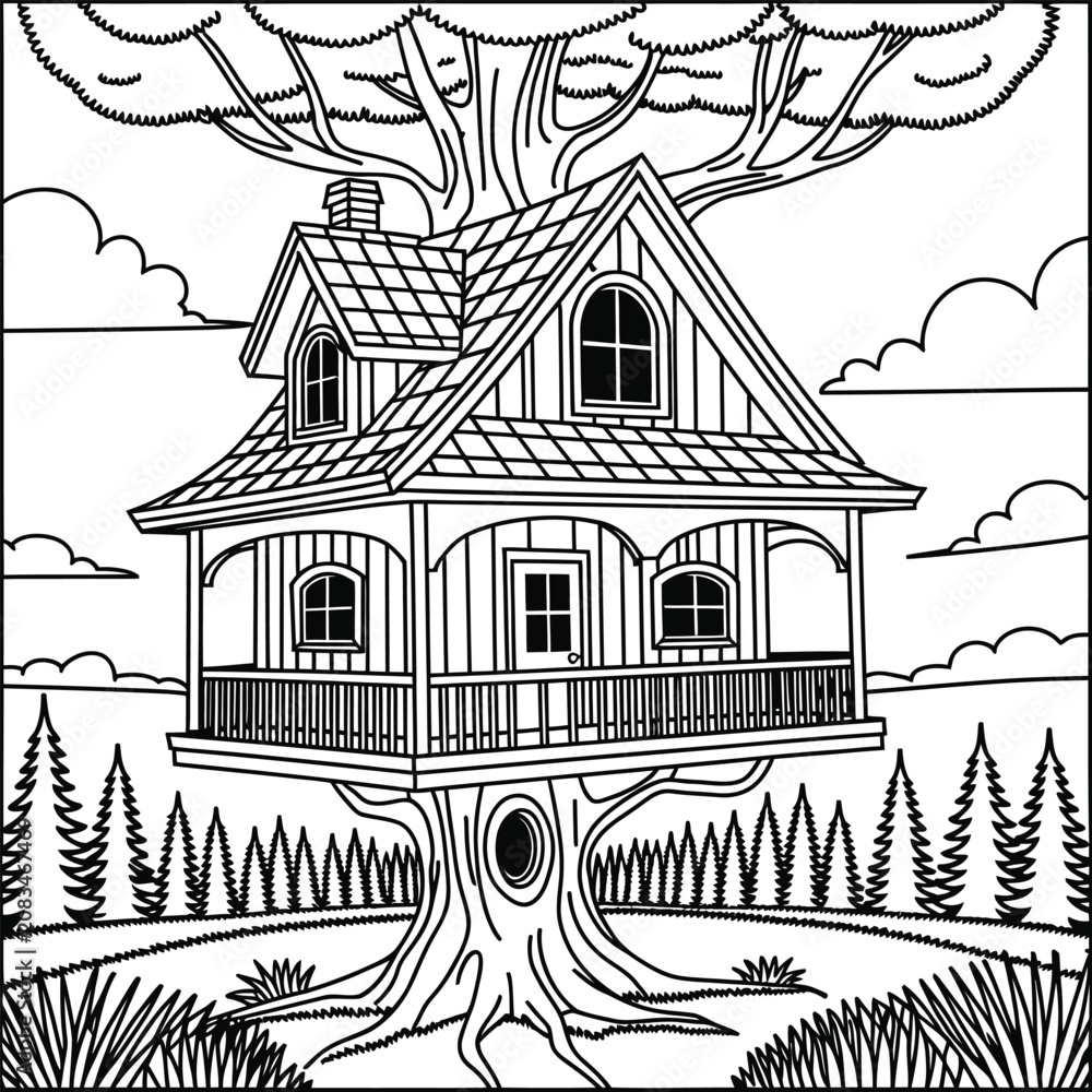 Naklejka premium Whimsical treehouse nestled in a grand old tree, offering a charming escape.