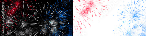 Konstfotografi Dynamic red, white, and blue fireworks bursting in the night sky, perfect for independence day celebrations